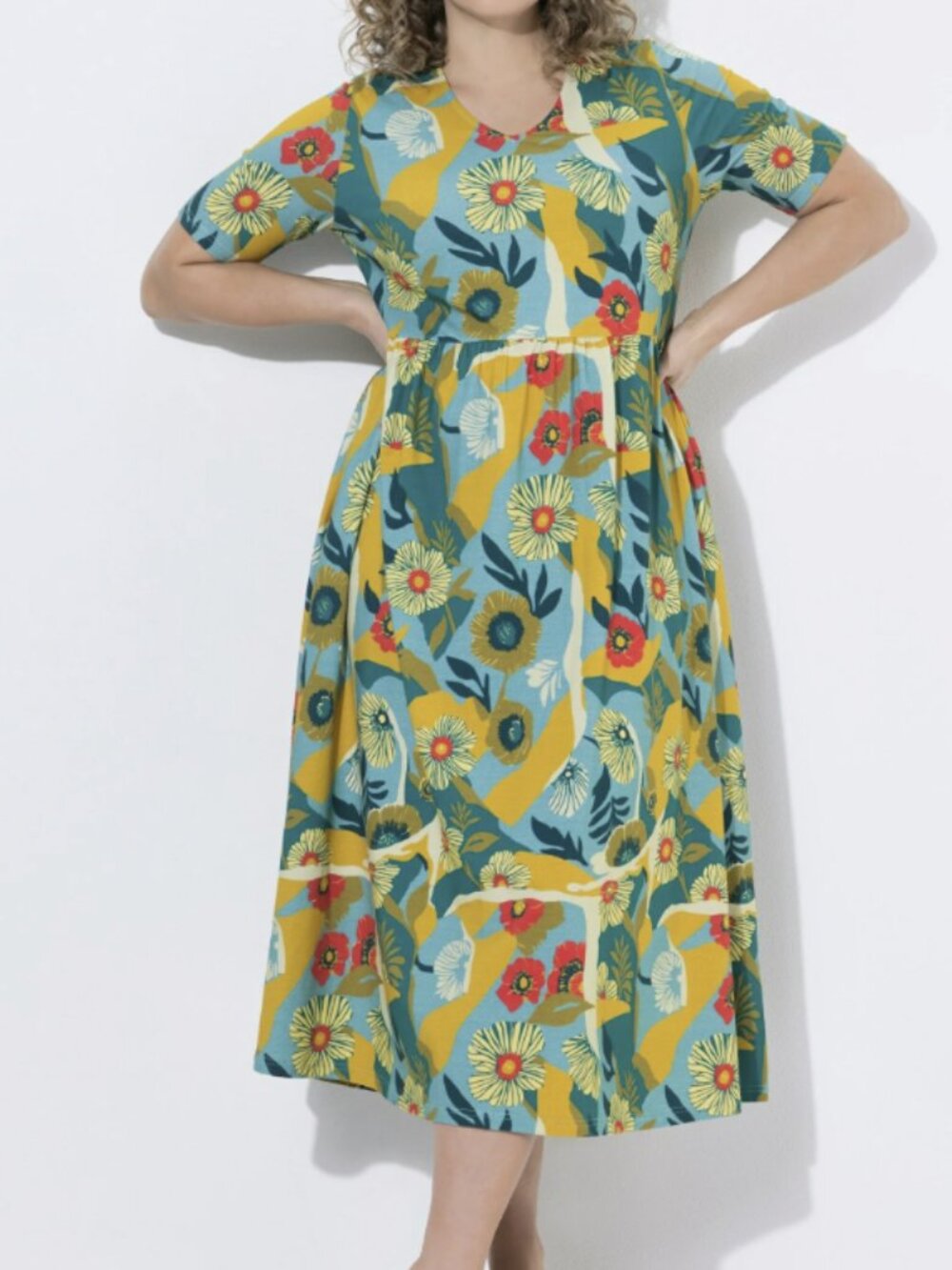 Pure by Ulla Popken Day Dress Delicate Yellow Floral Jersey Size US 16/18